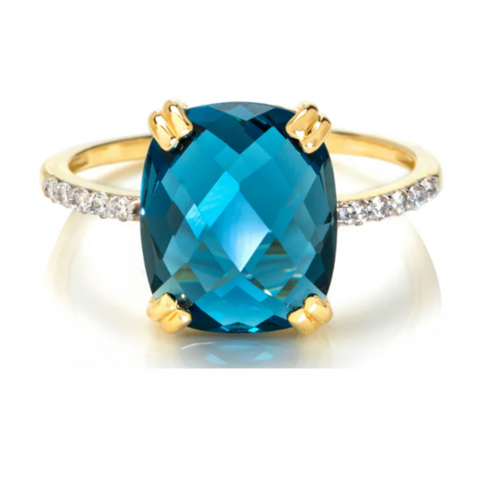 Custom-Made 9ct Gold London Blue Topaz Cushion Cut & Diamond Ring