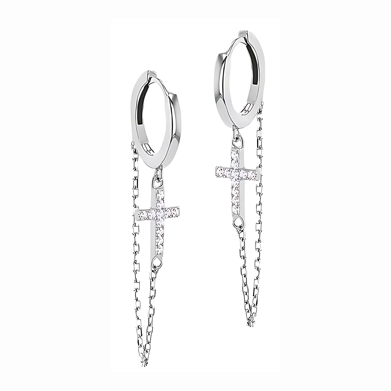 Sterling Silver Rhodium Plated Cross Drop Hoop Earrings with CZ Sparkle