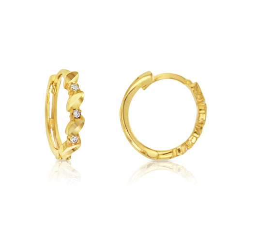 9ct Gold Huggie Earrings with Leaf Shapes and Cubic Zirconia Accents