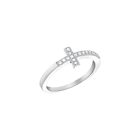 Sterling Silver Rhodium Plated CZ Cross Ring