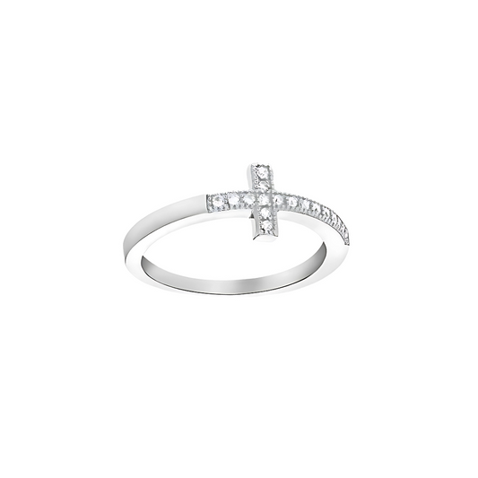 Sterling Silver Rhodium Plated CZ Cross Ring