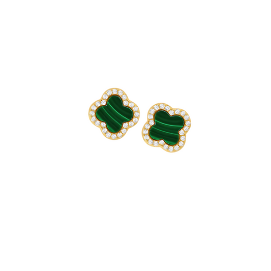 Gold-Plated Sterling Silver Malachite & CZ Clover Stud Earrings