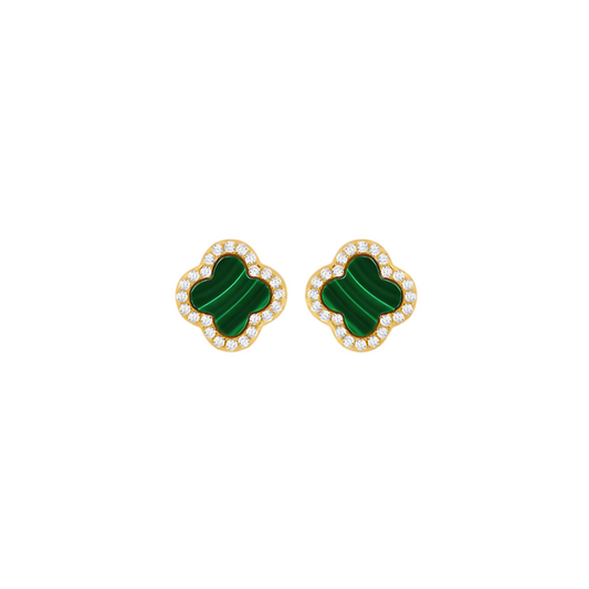 Gold-Plated Sterling Silver Malachite & CZ Clover Stud Earrings