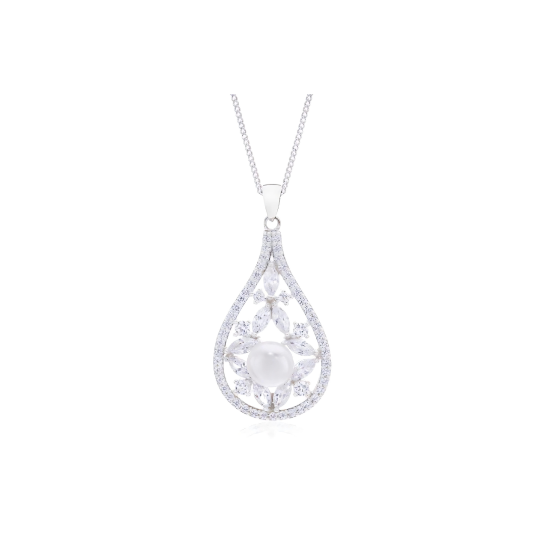 Teardrop Freshwater Pearl & Cubic Zirconia Pendant in 925 Sterling Silver