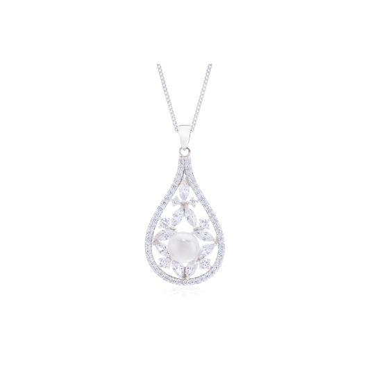 Teardrop Freshwater Pearl & Cubic Zirconia Pendant in 925 Sterling Silver