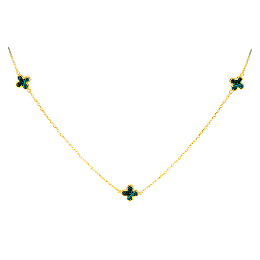 9ct Yellow Gold Clover Petals Necklace with Mother of Pearl or Malachite - Adjustable Length