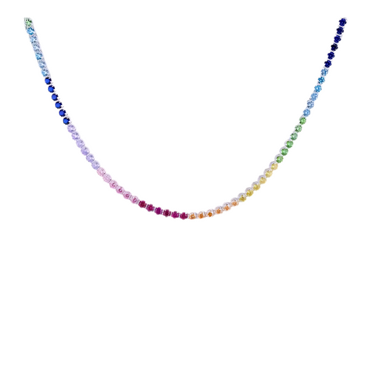 Rainbow Coloured Cubic Zirconia Tennis Necklace set in Sterling Silver