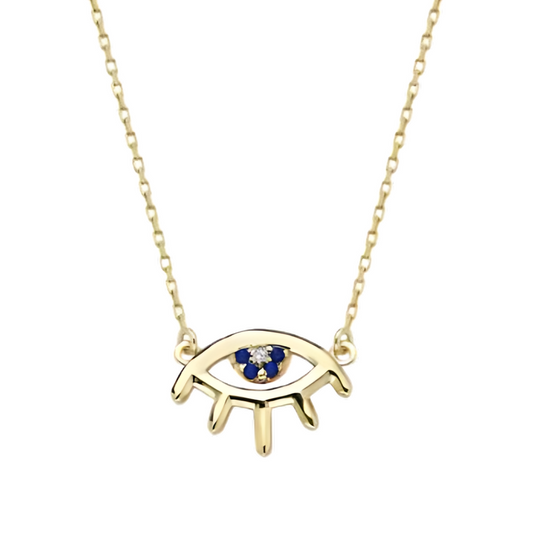 9ct Yellow Gold Evil Eye Necklace with Cubic Zirconia and Created Blue Sapphire