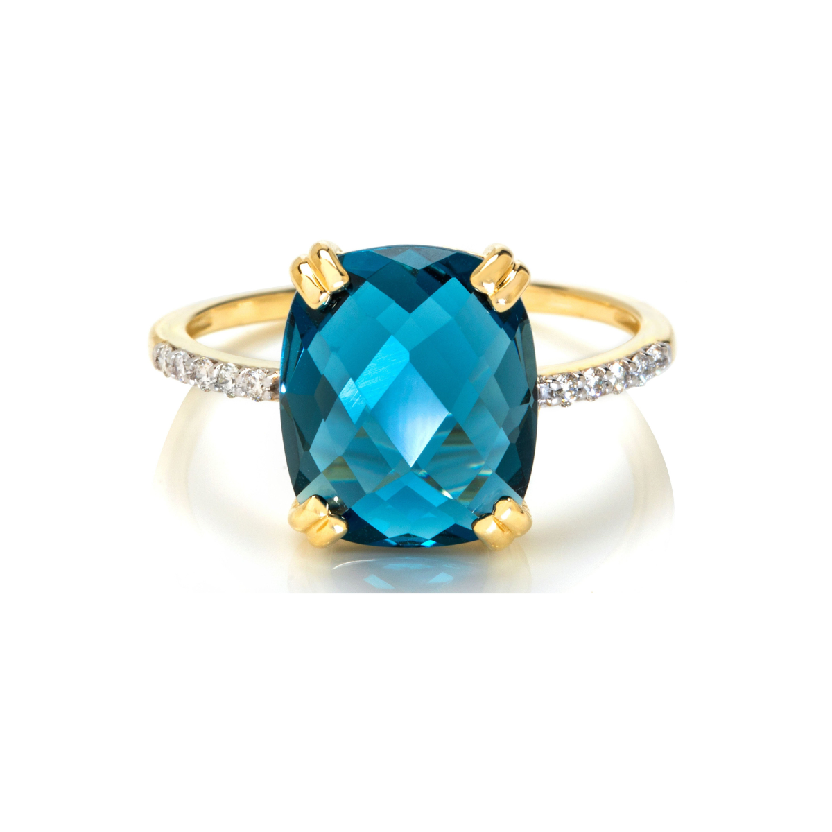 定制 9ct 黄金伦敦蓝色托帕石垫形切割钻石戒指（12x10mm）——精致优雅、永恒之美
