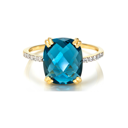 Custom-Made 9ct Gold London Blue Topaz Cushion Cut & Diamond Ring (12x10mm) - Exquisite Elegance and Timeless Beauty