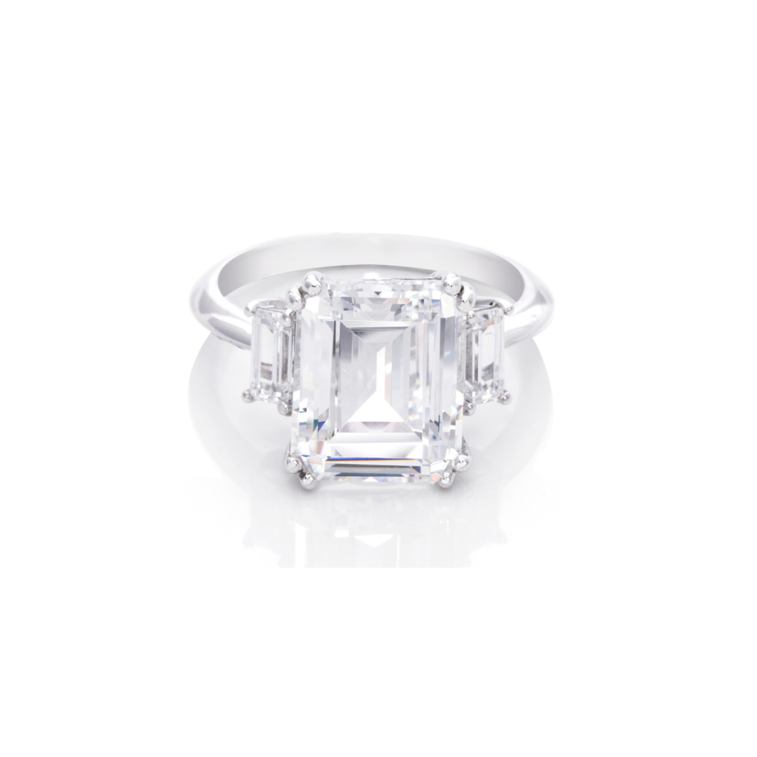 7 Carat Emerald Cut CZ Ring with Baguette Accents