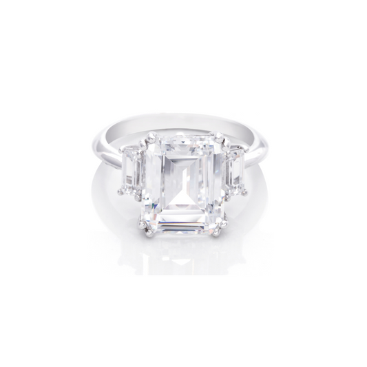 7 Carat Emerald Cut CZ Ring with Baguette Accents