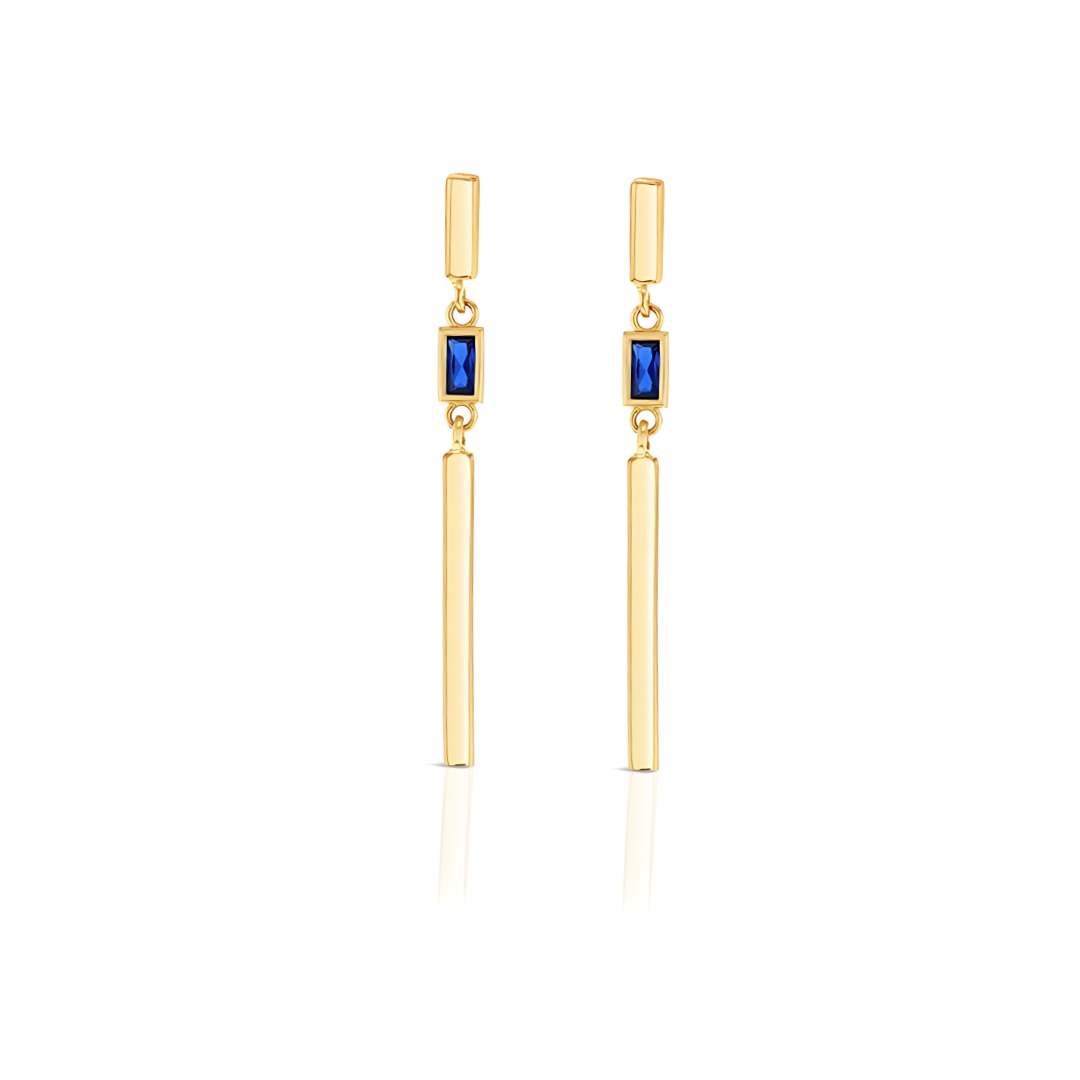 9 Carat Yellow Gold Blue Sapphire Bar Drop Earrings