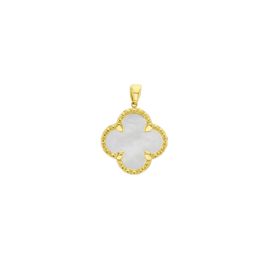 9 Carat Yellow Gold Mother of Pearl 4 Leaf Clover Pendant – 16.2mm Wide, 22.4mm Drop