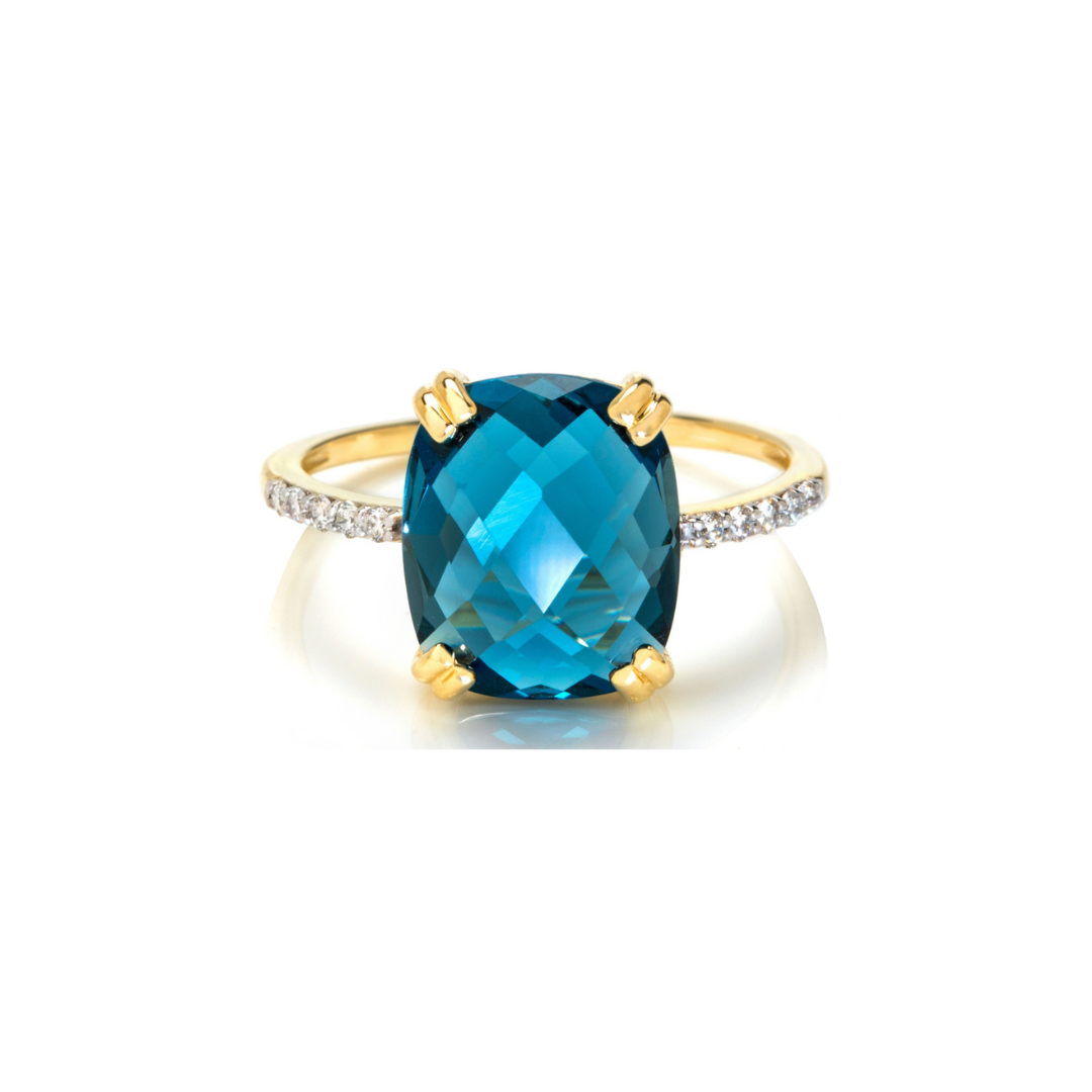 Custom-Made 9ct Gold London Blue Topaz Cushion Cut & Diamond Ring