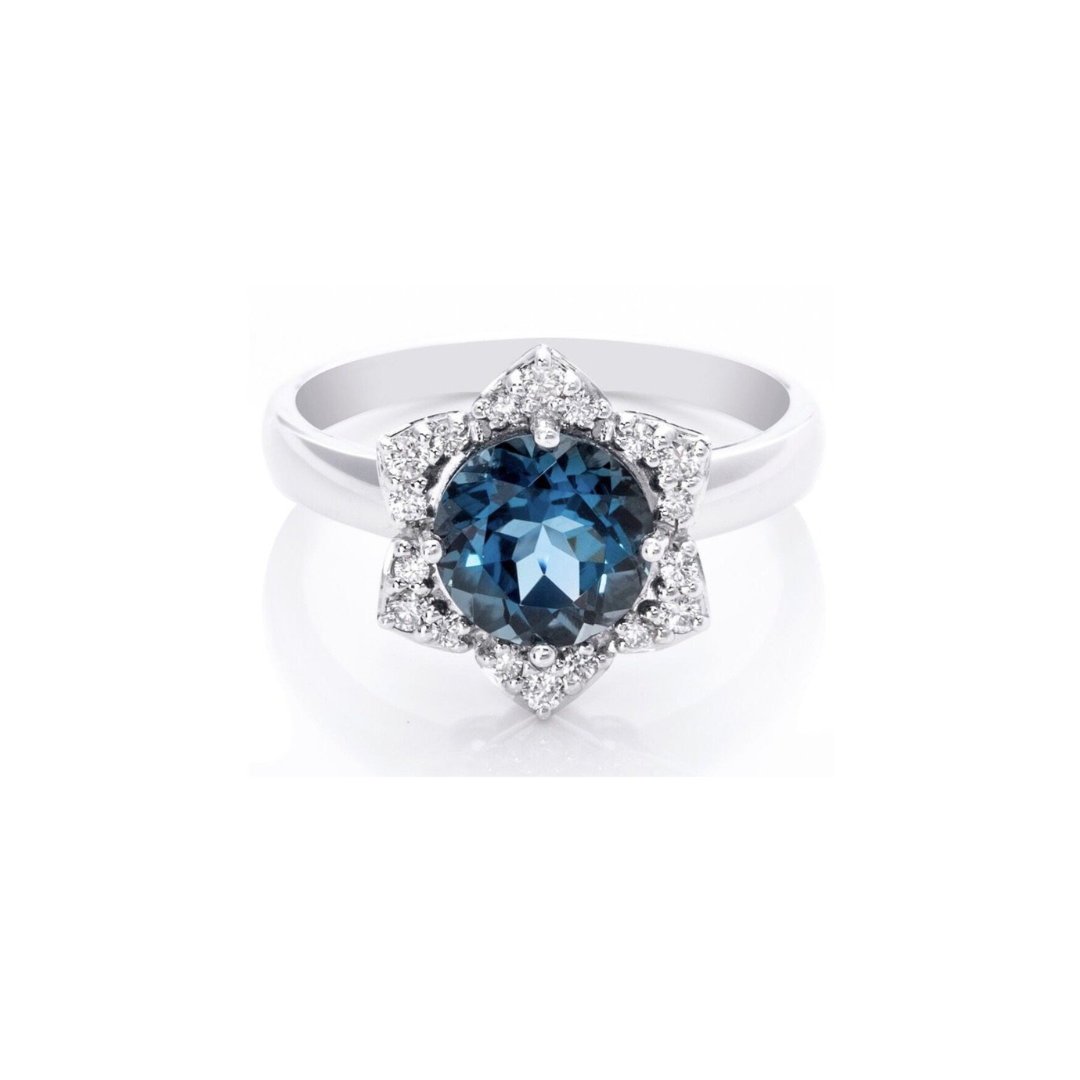 Custom-Made London Blue Topaz and Diamond Ring in 9ct White Gold (8 mm)