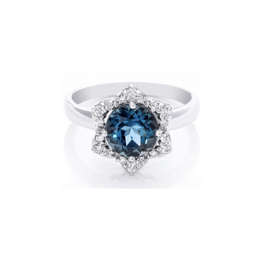 Custom-Made London Blue Topaz and Diamond Ring in 9ct White Gold (8 mm)