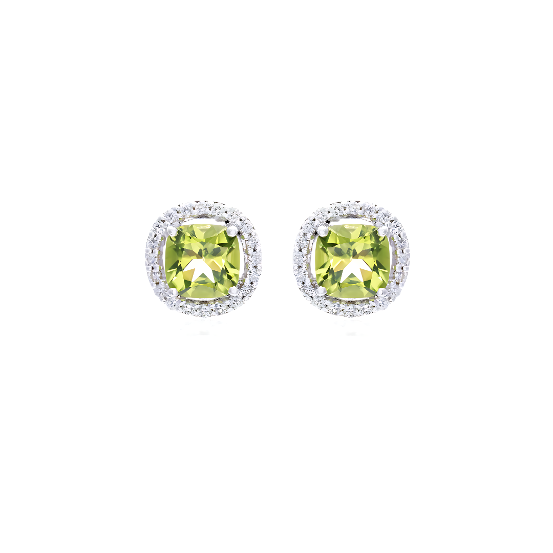 Custom Peridot and Diamond Cushion Cut Stud Earrings