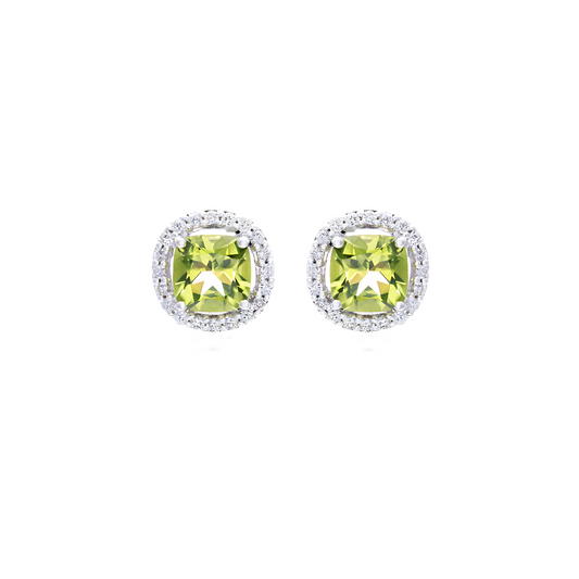 Custom Peridot and Diamond Cushion Cut Stud Earrings