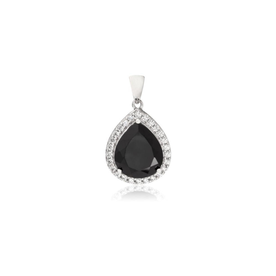 Teardrop Black Spinel & Cubic Zirconia Pendant in 925 Sterling Silver (14x12mm)