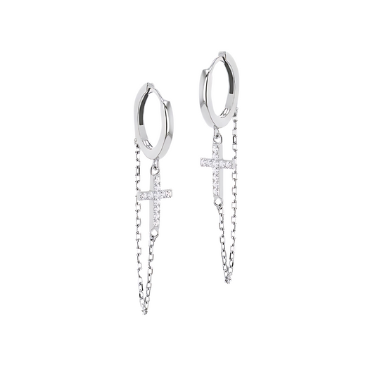 Sterling Silver Rhodium Plated Cross Drop Hoop Earrings with CZ Sparkle