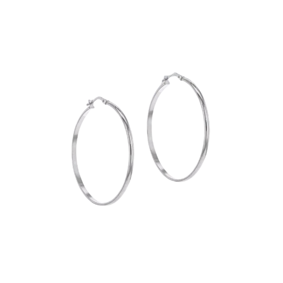Sterling Silver Rhodium Plated 33.5mm Plain Hoop Earrings - Sleek Contemporary Style