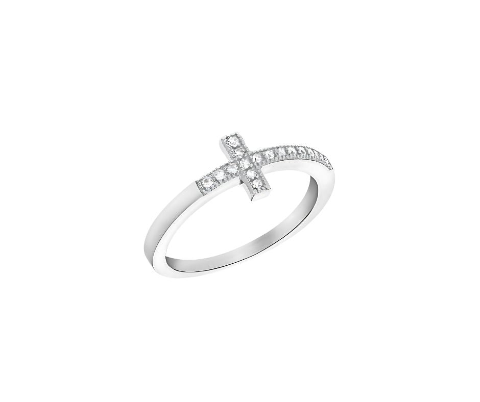 Sterling Silver Rhodium Plated CZ Cross Ring