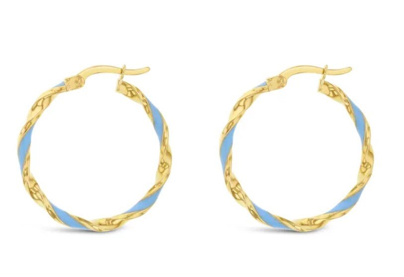 9 Carat Yellow Gold Blue Enamel Twist Hoop Earrings - Embrace Timeless Beauty with a Modern Twist - RubyJade