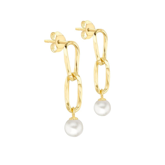 9 Carat Yellow Gold Double Link Freshwater Pearl Drop Earrings - Elegant Jewelry for Formal and Casual Outfits - Perfect Gift for Women - RubyJade