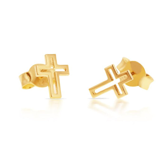 9 Carat Yellow Gold Mini Cross Stud Earrings with Push Back Closure | 7.5 mm Long and 5.5 mm | Wide Perfect for Everyday Wear - RubyJade