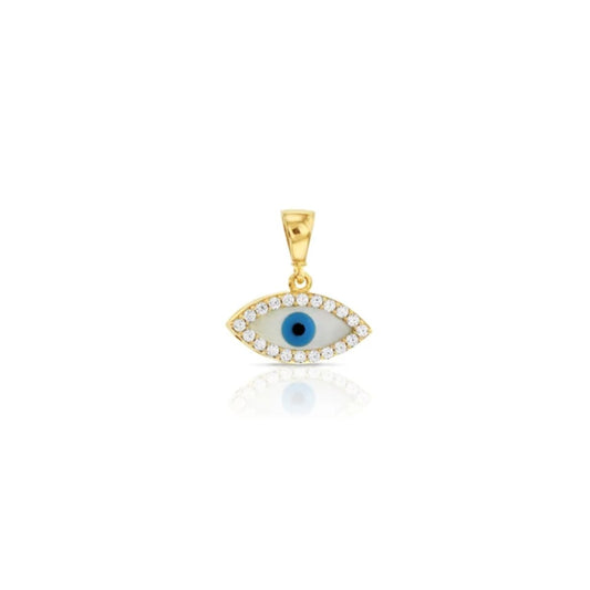 9 Carat Yellow Gold Mother of Pearl Evil Eye Pendant with Cubic Zirconia Edge and Leaf Pattern - RubyJade