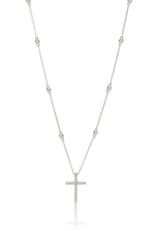 Sparkling Cubic Zirconia Cross Pendant Necklace in 925 Sterling Silver (43cm) - RubyJade